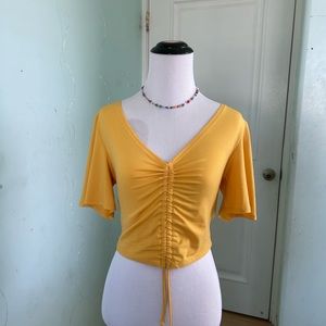 Mustard Yellow Gold Ruched Butterfly Sleeve Crop Top